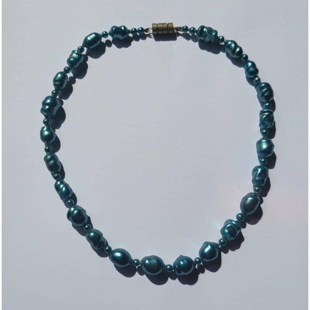Teal Blue Baroque Faux Pearl Beaded Necklace Magnetic Clasp